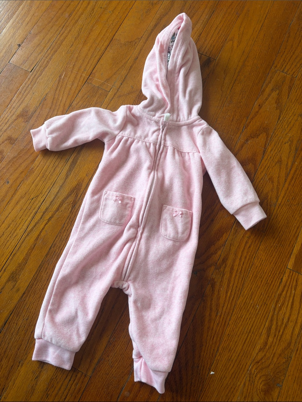 Carter's Baby Girl Pink Fleece Hooded Romper One Piece Cozy Outfit Bear Detail